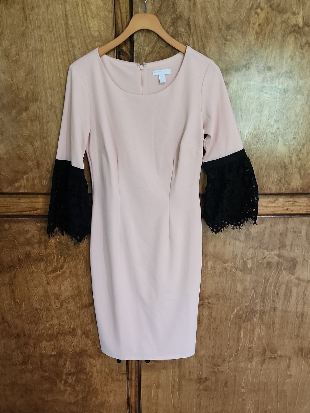 New York & Company Blush Pink Sheath Dress with Black Lace Bell Sleeves